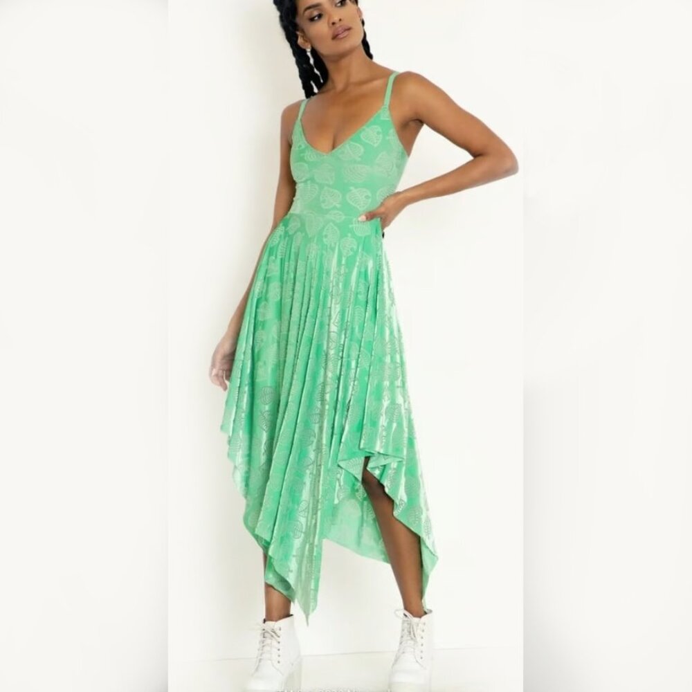 Blackmilk Animal Crossing Green Leaf Burned Velvet Handkerchief Dress Size XS